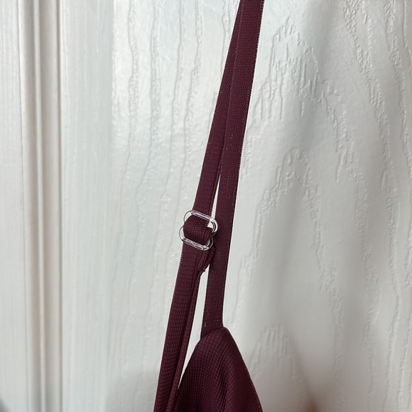 David’s Bridal Long V-Neck Maroon Dress with Leg Slit - Picture 6 of 12